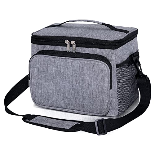 10L Waterproof Insulated Picnic Lunch Bag with Adjustable Shoulder Strap，Large Leakproof Soft Cool Tote Bags for Men/Women/Adult,Thermal Reusable Lunch Box for Work/Camping/Outdoor/BBQ/Party(Grey)