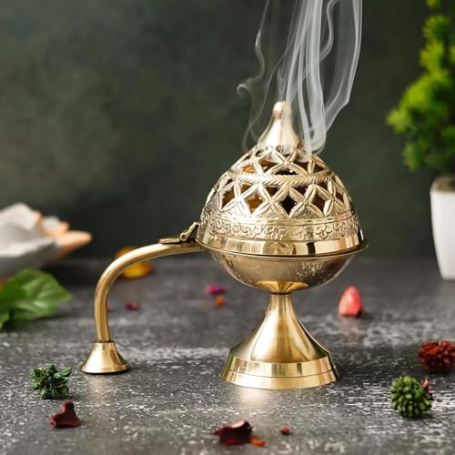 Image of Sanvatsar Traditional Brass Incense Burner, Gold, Decorative Dome Design with Lattice Pattern, Smoke Diffuser for Home (Dhoop Batti)