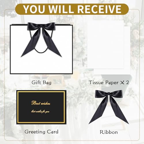 Image of JMANNI Gift Bags with Handles, 11 inch Small Gift Bag for Presents, 2 Pcs Bags with 4 Tissue Paper and 2 Cards for Baby Shower Wedding Bridal Shower Mother's Day Birthday Party (Black-White)