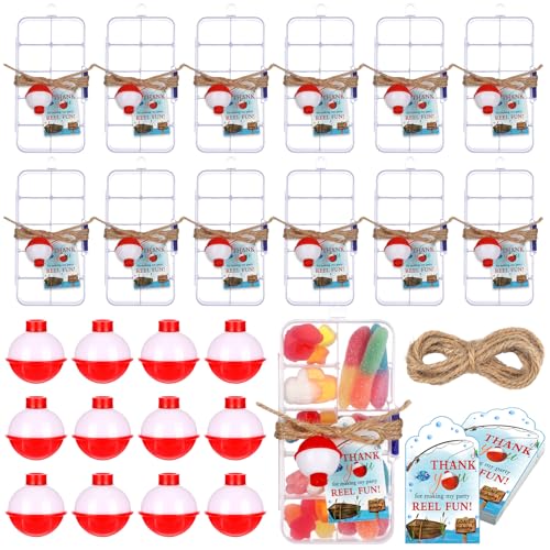 Image of Wonderjune 12 Sets Fishing Party Favors Candy Little Tackle Boxes with Red White Floater Thank You Cards for Making My Reel Fishing Theme Party Decorations