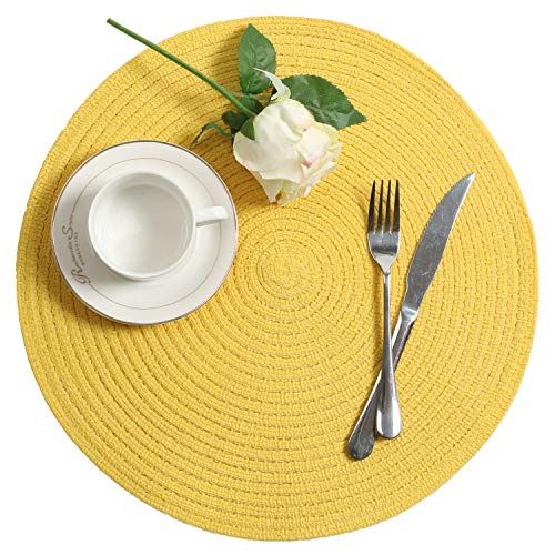 Image of SHACOS Round Braided Placemats Set of 6 Kitchen Place Mats 15 inch Round Table Mats for Dining Tables Washable (Yellow, 6)