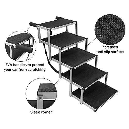 Petshug 5 Steps Aluminum Sturdy Pet Dog Ramp Stairs for Small Medium Large Dogs, Folding Lightweight Ladder with Increased Nonslip Surface for Trucks, Cars, SUVs & High Bed, Supports Up to 150 Lbs