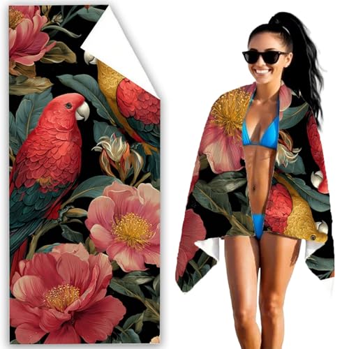 ビーチタオル 90x180cm 鳥 ビーチタオル 大判 防砂 薄手 ポーチ付き 旅行タオル マイクロファイバー 吸水 速乾 軽量 ビーチマット 海 プール 速乾 ジム ヨガマット 敷物 男女 贈り物 (花 パターン, 1枚) F2-877