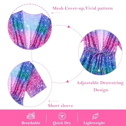 Image of Funnycokid Girls Bathing Suit 1 Piece Swimsuit Glitter Print Cover up 8 9 Years Kid Purple Pink Size 8-9