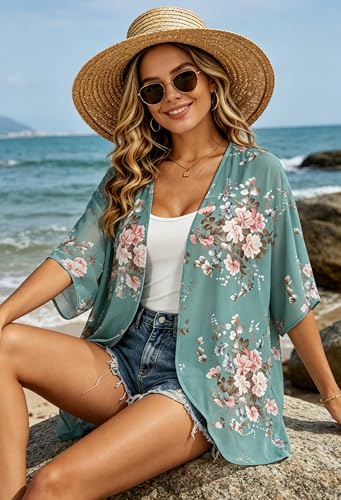Image of FINOCEANS Womens Floral Chiffon Kimono Cardigans Loose Beach Cover Up Half Sleeve Tops