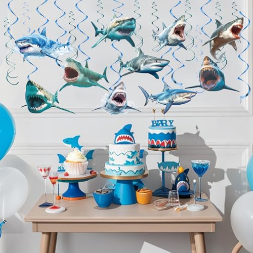 Image of CHUNNIN 60PCS Shark Birthday Party Supplies Blue Ocean Shark Theme Hanging Swirls Under the Sea Birthday Swirls Foil Ceiling Streamers for Ocean Realistic Sharks Theme Party Decorations