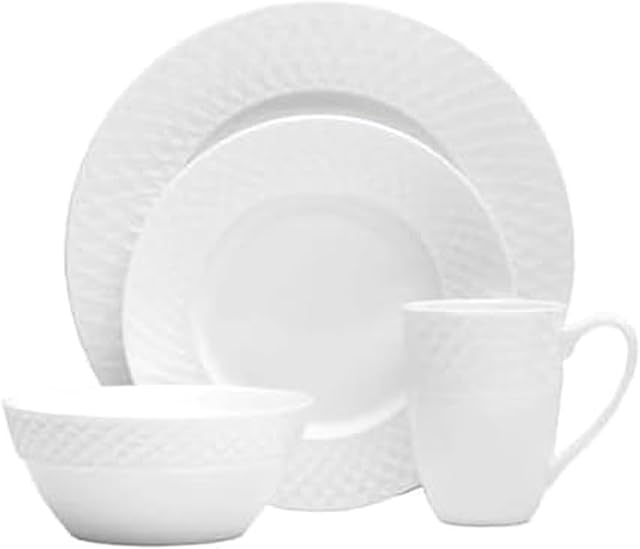 Mikasa Trellis Chine désossée 16 Ensemble de vaisselle, service pour 4, blanc