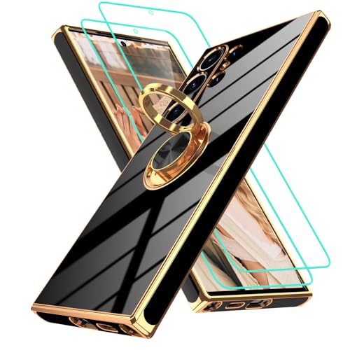 for Samsung Galaxy S24 Ultra Case: with 2Pcs Screen Protector, 360° Rotation Ring Holder Magnetic Kickstand Plating Gold Edge Soft TPU Shockproof Protective Cover for S24 Ultra, Black