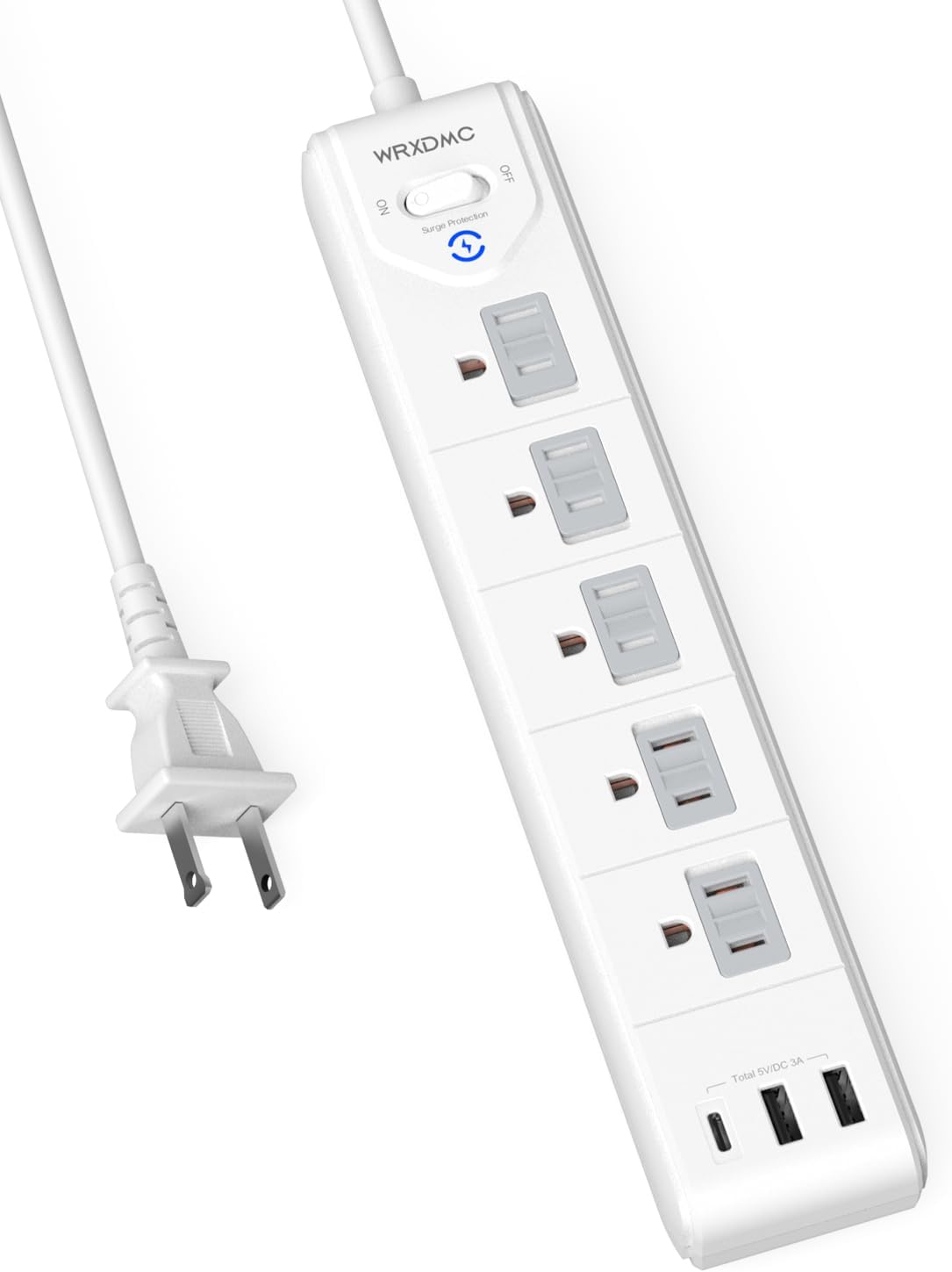 2 Prong Power Strip, WRXDMC 2 Prong to 3 Prong Outlet Adapter, 5ft Extension Cord with Polarized Plug, 1680J Surge Protector, 5 AC Outlets & 3 USB, Wall Mountable, Ideal for Non-Grounded Outlets
