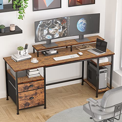 Furologee Computer Desk With Shelves And Drawer, 61" Long Desk With Fabric File Drawer, Industrial Writing Desk With Large Monitor Stand, Study Gaming Table Workstation For Home Office, Rustic Brown #TOP7