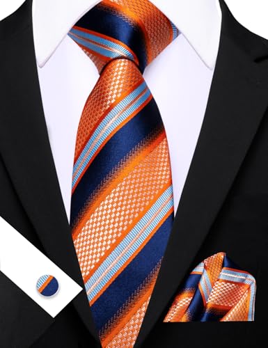 Image of Barry.Wang Man Stripe Ties Set Silk Woven Pocket Square Necktie Cufflinks Formal Party Business