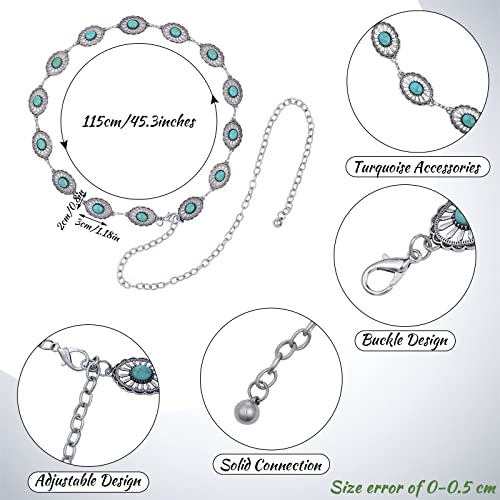 Junkin 2 Pcs Women Concho Western Chain Belts Turquoise Chain Belts Antique Western Waist Belts Metal Belt2