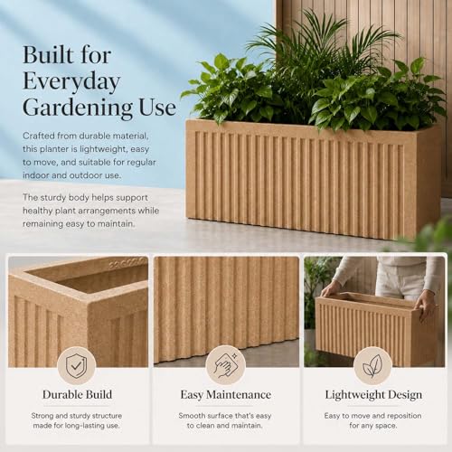 Image of Go Hooked Rectangular Planter Pot (24x12) Inch | Sandstone Ribbed Design Plastic Flower Pot for Indoor Outdoor Balcony Garden Window Railing Patio | Polymer Decorative Plant Container