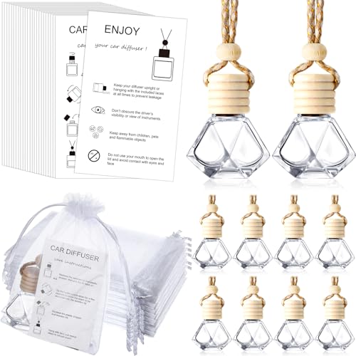 Image of Boao 15 Sets Hanging Car Air Freshener Diffuser Bottles Empty Bulk with Car Diffuser Instruction Cards Organza Bags Glass Refillable Essential Oil Fragrance Aromatherapy Pendant (Diamond,Transparent)