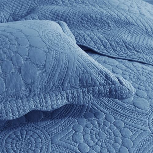 MarCielo 3-Piece 100% Cotton Oversized Bedspread Lightweight Quilt Coverlet Embroidery Farmhouse Bedding Set (Tf Midtone Blue, Oversized King (118"x106"))