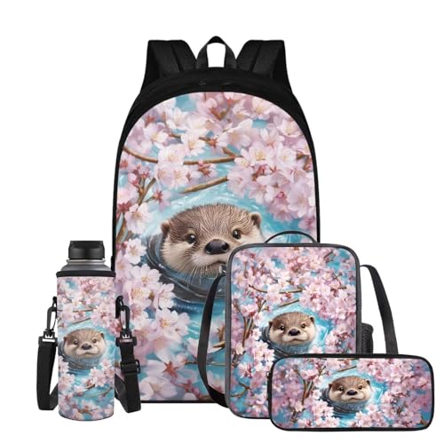 Cherry Blossom Otter Backpack with Lunch Box for Boys 8-12 Book Bag Lunch Bag Girls Bookbag Set Age 10-12 Kids School Bag with Lunchbox Water Bottle Sleeve Pencil Case 4 In 1