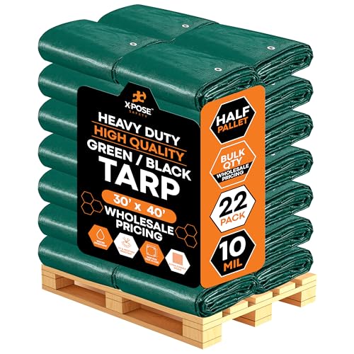 Image of Heavy Duty Poly Tarp 30' x 40' - Bulk Half Pallet (22 Pack) Thick Waterproof, UV Blocking Protective Cover - Reversible Green & Black - 10 Mil Thick Polyethylene - by Xpose Safety