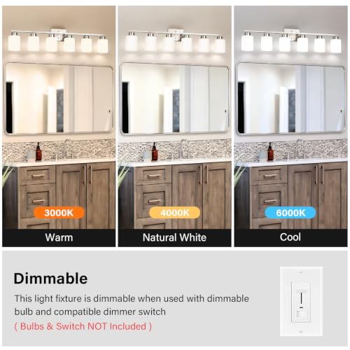 Image of FonmYim Brushed Nickel Bathroom Light Fixtures, 6-Light Modern Vanity Light Over Mirror, Wall Sconces with Milky White Frosted Glass Shades, E26 Socket (Bulbs Not Included)