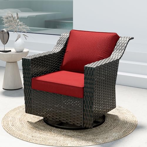 Image of Patio Glider Rocking Chair, Wicker Outdoor Conversation Set | Patio Chair Set with Olefin Removable Cushion, All-Weather Swivel Chairs with Deep Seat for Porch, Deck and Backyard, Red
