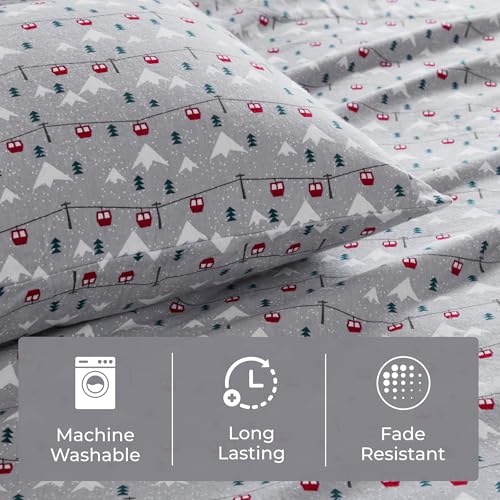 Image of Woolrich Cotton Sheet Set Cottage Charms Print, 100% Cotton Flannel Sheets Warm & Fuzzy Bedding Set King Size Sheets, Fitted Pocket Fits Up to 14 inch Mattress, King Grey Ski Jump 4 Piece
