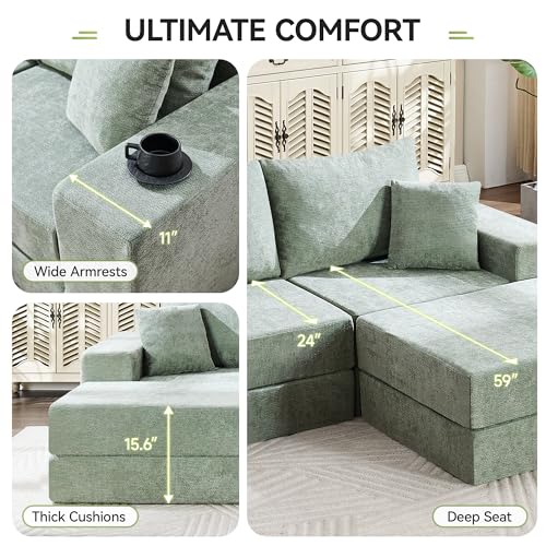 Image of 79 inch Boneless Loveseat Sofa Couch, Modular Foldable Floor Cloud Sofa with Ottoman, Lounge Convertible Sofa Bed for Living Room, No Assembly, Chenille Green