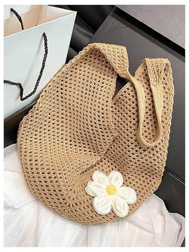 Bolso tote tejido de ganchillo con apliques florales para mujer, ideal para verano, playa y vacaciones miniatura 3