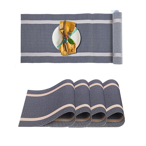 Image of Dining Table Placemats & Runner Set - Heat Resistant, Washable & Stain Resistant Woven Vinyl Mats | Table Runner & 4 Placemats Set for Stylish Dining (45x30 cm Placemats, 180x30 cm Runner)