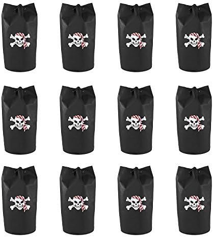 Black Polyester Pirate Theme Loot Treasure Backpacks Bags with Drawstring Closure & Skull Design for Birthday Party, Children Event Decoration, Favors, Toy Goody Gifts (12 Pack)