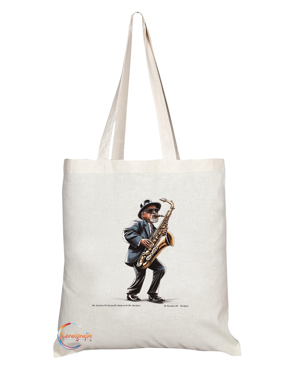 Coralgraph Inc - Natural Reusable Shopping Souvenir Tote Bag Featuring Musical Instrument Designs for Musicians (Saxophone)