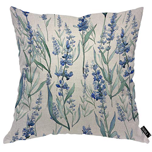 Ekobla Lavender Throw Pillow Cover Blue Floral Wildflower Romantic Blossom Nature Leaves Cozy Square Cushion Case For Men Women Boys Girls Room Home Decor Cotton Linen 18X18 Inch #TOP10