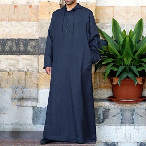 Muslim Hooded Kaftans for Men Linen Robe Long Sleeve Button Down Long Gown Drawstring Shirts Thobe with Pockets2