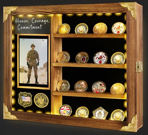 KWYADLUO Challenge Coin Display Case Wall Mount with Light, Removable Shelves and Picture Frame for Honor Military Coin Holder, Memorial Gift for Veterans Men Collectors (Wood)