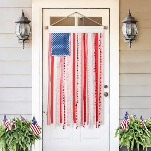 Image of 4th of July Decorations - Vintage American Flag 4 x 2.3 Ft Rustic Rag Ribbon Flag Banner - Patriotic Flag & Independence Day Decor for Home Mantel Party Vintage 4th of July Decorations for Outside Yard Porch