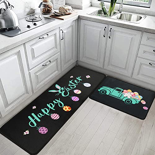 Xsinufn Happy Easter Kitchen Rugs Set 2 Piece,Easter Eggs Bunny Decorative Rugs For Kitchen,Easter Spring Flowers Rabbit Low-Profile Floor Mats Decorations For Home Kitchen (17.7X47.2+17.7X23.6 Black) #TOP1