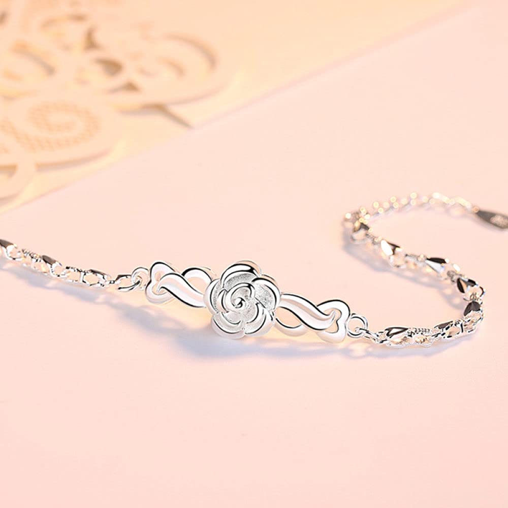 Braccialetti a Catena con Polsino in Argento Sterling Moda, Bracciale in Argento Sterling 925 da Donna Bracciale con Fiore Rosa Squisito di Moda Regali di Gioielli in Argento Sterling