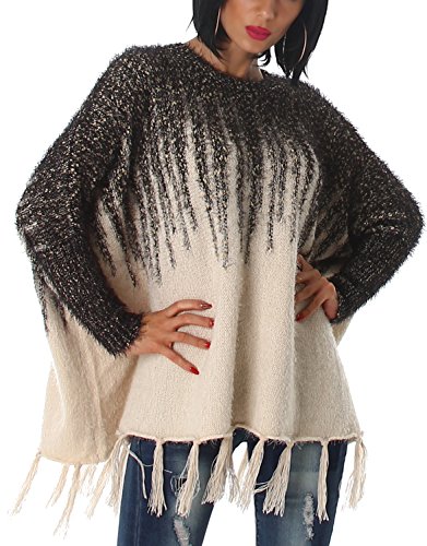 Voyelles Damen Poncho Ponchopullover Fransen Hairy Glitzer Feinstrick Glanz Fledermausärmel, Beige Schwarz 36 38 40 Voyelles Damen Poncho Ponchopullover Fransen Hairy Glitzer Feinstrick Glanz Fledermausärmel, Beige Schwarz 36 38 40