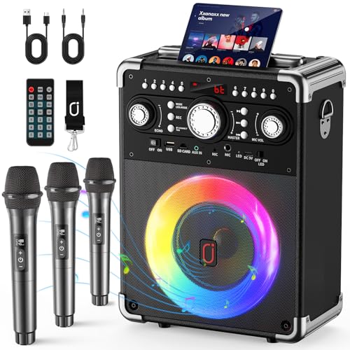 HWWR Karaoke Machine, Portable Bluetooth 5.3 Speaker with 3 Wireless Microphones for Adults, PA System with Echo Adjustment, Support TWS/TF Card/USB/AUX/TVs Connected for Home Party/Outdoor/Events etc