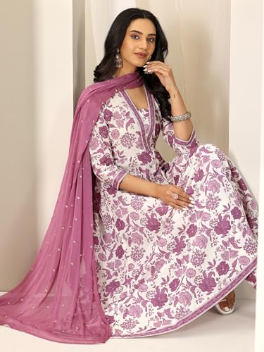 Image of Mauve floral printed anarkali kurta and printed palazzo with embellished dupatta | ethnic wear | bridal suit | occasion wear