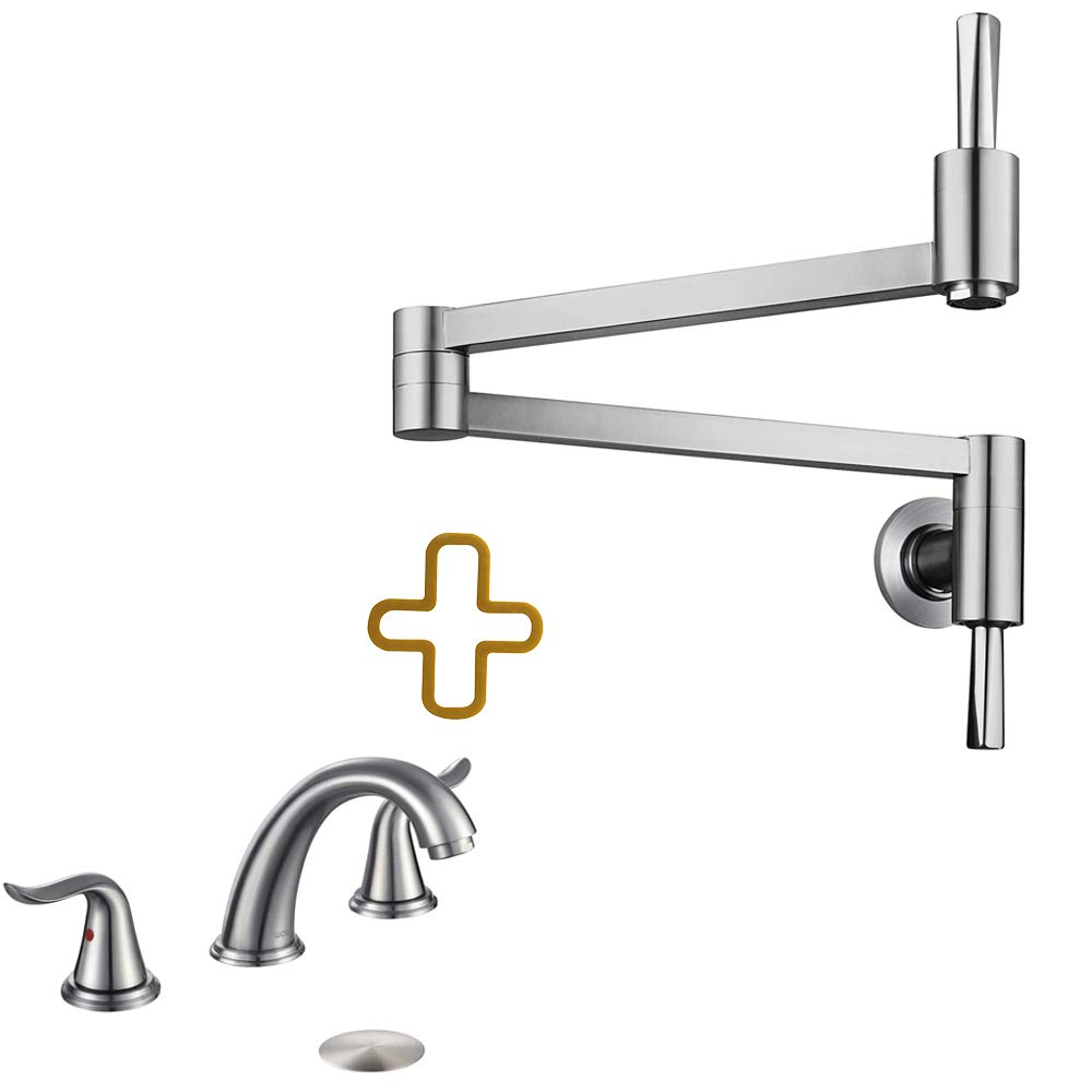 Jnfidosr Widespread Bathroom Faucet 2 Handle 3 Hole Solid Brass And Pot Filler Wall Mount Faucet Brushed Nickel
