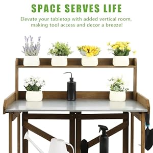 Folding Garden Potting Bench TableOutdoor Wooden Work Station WMetal Table Top2 Tier Open Storage RackTop Shelf Natural Stained