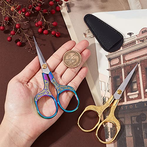 SUNNYCLUE 2Pcs 5 Inch Stainless Steel Embroidery Sewing Scissor Retro-Style Needlework Sewing Scissor with 2Pcs Protective Scissors Cover for Fabric Paper Cutting Craft Threading Use - Image 3