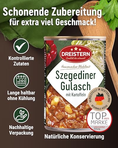 DREISTERN Szegediner Gulasch 400g I Mit Kartoffeln & Sauerkraut I Herzhaftes Fertiggericht in recyclebarer Konservendose I Lange Haltbarkeit dank natürlicher Konservierung I Hausmacher Qualität – Bild 3