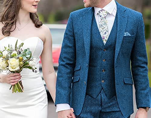 Moranx Frsu Men Suit Classic Regular Fit 3 Piece Tweed Herringbone Wool Jacket Tuxedos Wedding Grooms Blazer+Vest+Pants(Brown,40R) #TOP2