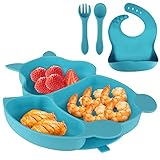 Baby Feeding Set Blue Silicone Suction Plate Squirrel Shape Self Feeding Training Stay Put Plate Soft Spoon Fork Adjustable Bib, Toddler Dish Kit, Microwave Dishwasher Safe