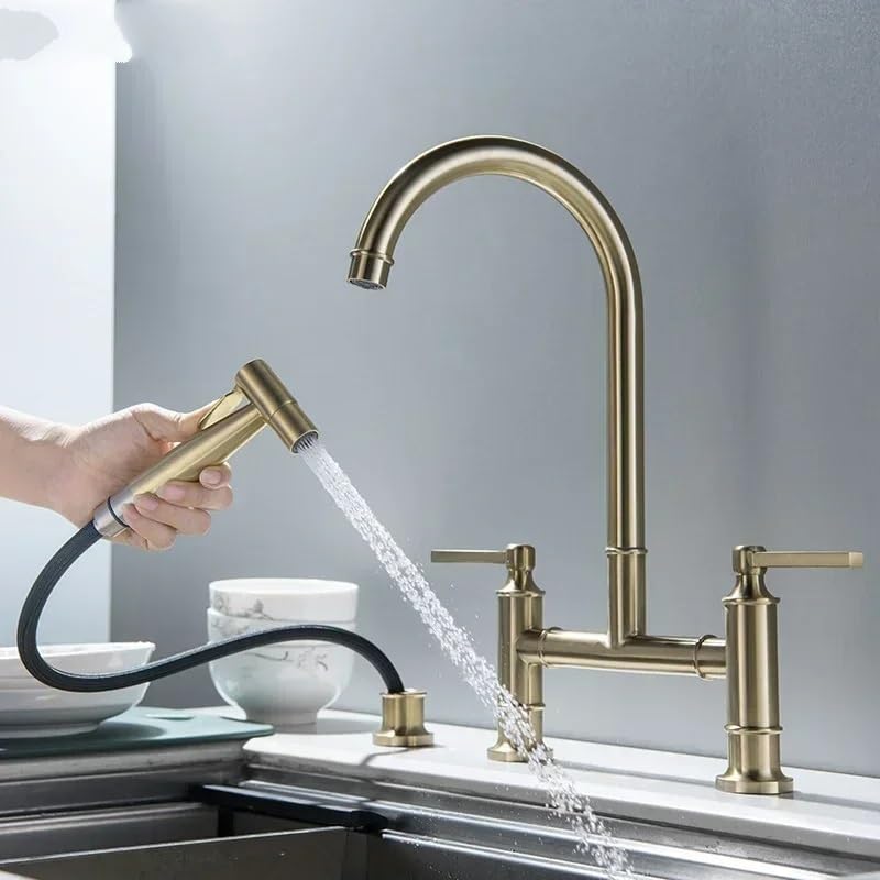 Robinet de cuisine en or brossé anti-traces avec mitigeur double sortie d'eau chaude et froide