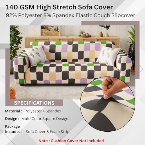 Image of Lukzer 3 Seater Multi Color Square Universal Sofa Cover | 360 Fully Covered Anti-Slip Washable Couch Cover Protecter | 140 GSM Stretch Fit Polyester + Spandex Slipcover (180-230cm /SC-041-03)
