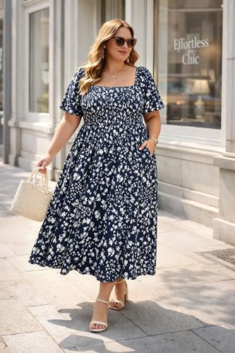 Image of RITERA Plus Size Dresses for Curvy Women Square Neck Short Sleeve Summer Floral Smocked Maxi Dress with Pocket XL-5XL