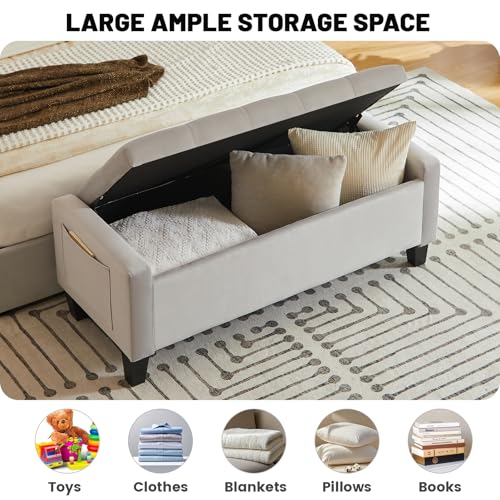 Image of Virabit Velvet Storage Ottoman Bench for Bedroom, End of Bed Bench with Button, Organizer Storage Chest, Upholstered Foot Rest with Legs, Load up to 400 lb, for Bedroom, Living Room, Entryway, Grey