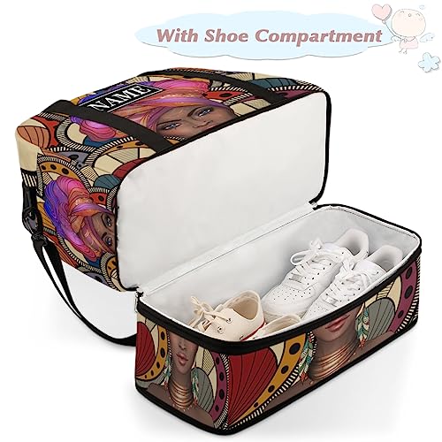 Customize Personalized Travel Duffel Bag African Afro Woman Sport Gym Bag for Woman Man,Waterproof Foldable Weekend Overnight Bag for Yoga Workout Training with Shoe Compartment4