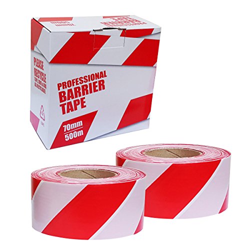 2 x Professional Barrier Hazard Safety Warning Tape - Red & White, 70mm x 500m